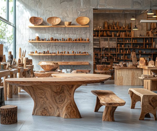 bright artisanal workshop showcasing handcrafted wooden furniture and decor, including tables, benches, and bowls, with rustic yet elegant charm A bright artisanal workshop showcasing handcrafted wooden furniture and decor, including tables, benches, and bowls, with rustic yet elegant charm
